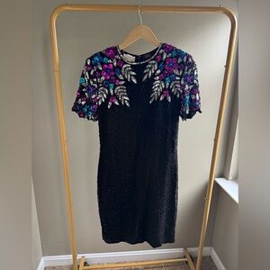 Silky Nites Vintage 100% Silk Multicolor Sequin Beaded Cocktail Dress Size Small